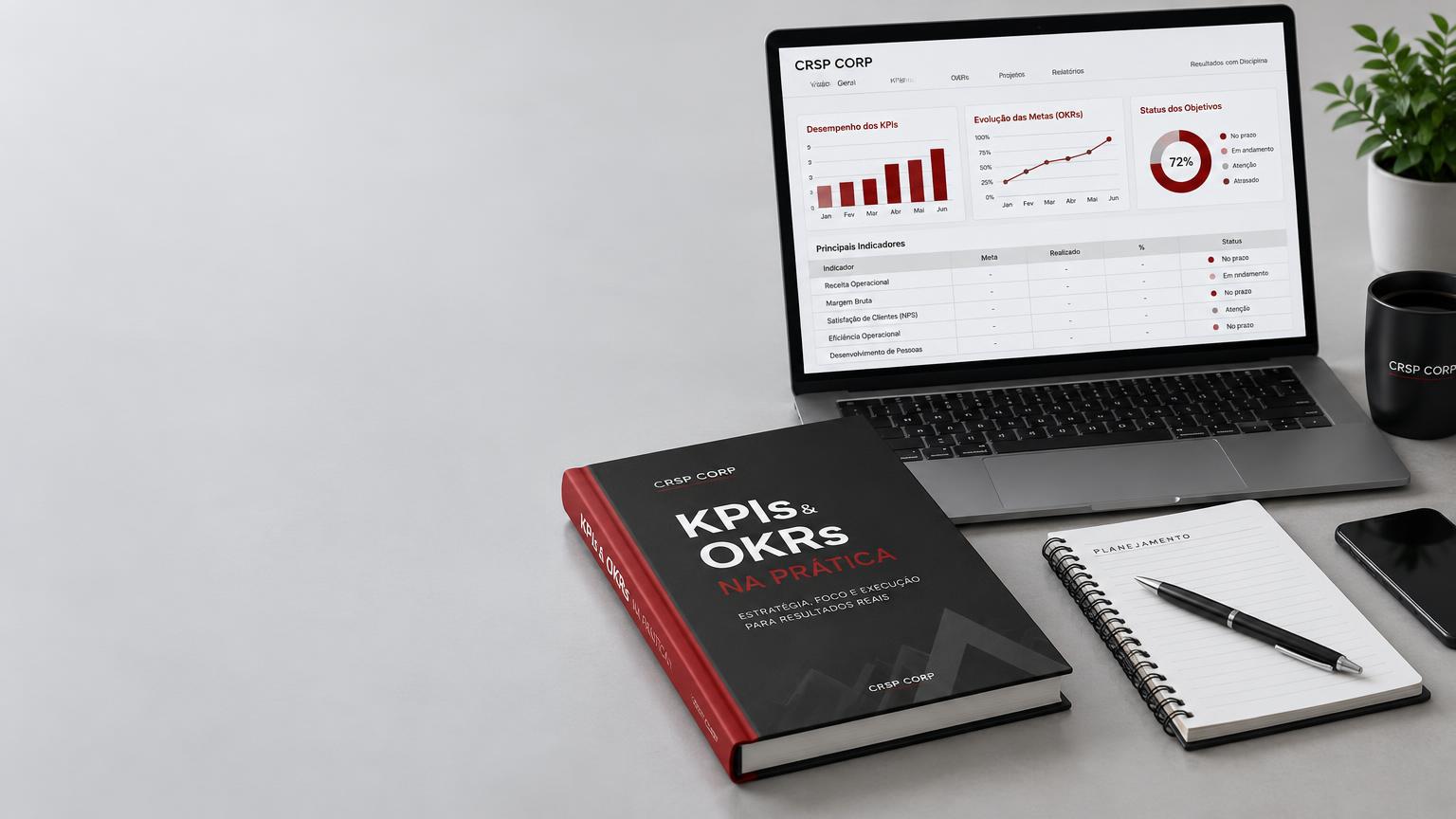 Representação ilustrativa do e-book KPIs & OKRs na Prática e de planilhas de gestão